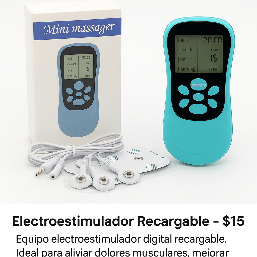 Electroestimulador digital recargable color celeste con electrodos y cable USB, ideal para aliviar dolores musculares, terapia en casa y relajación corporal.