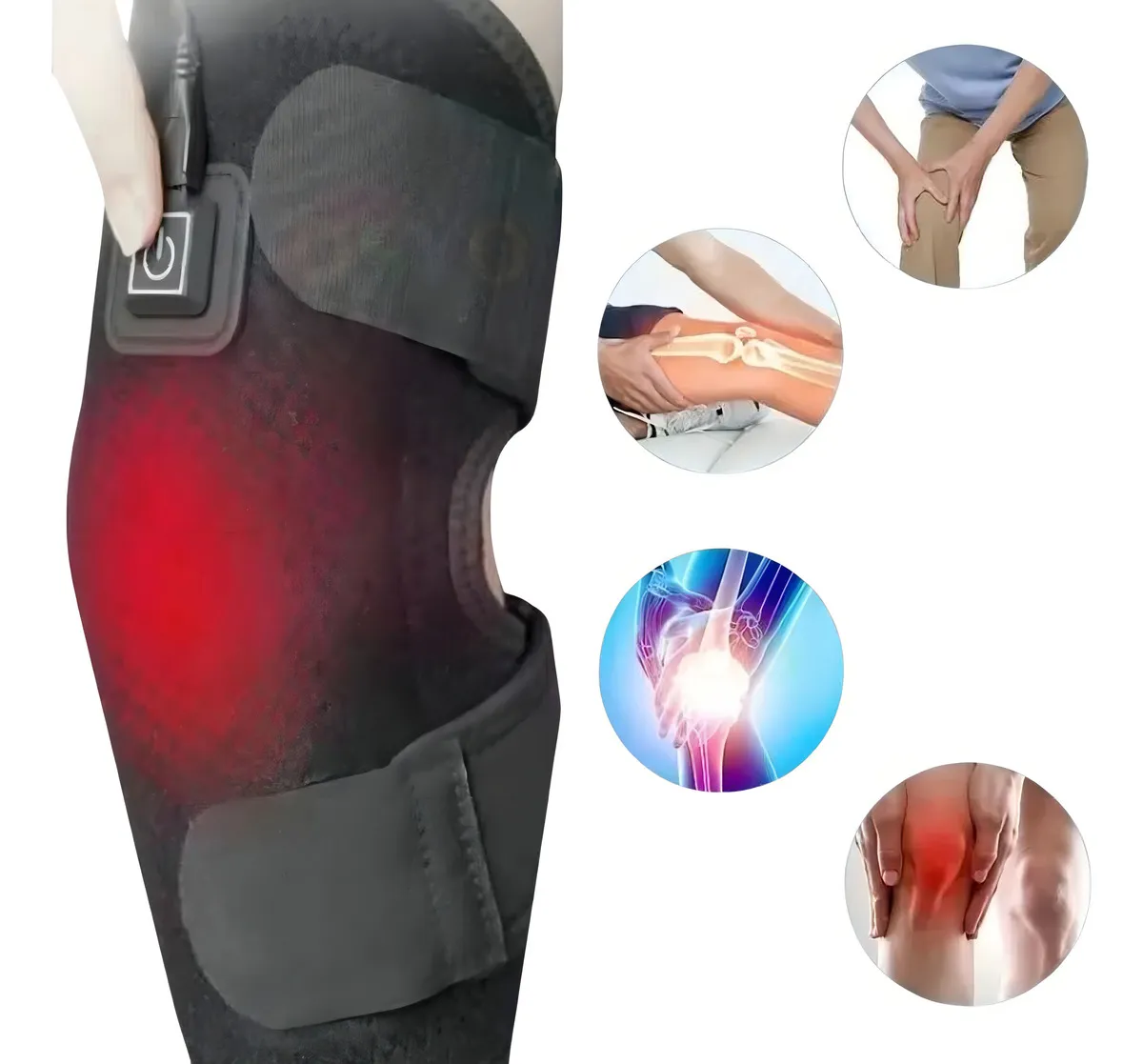 "Persona usando rodillera térmica eléctrica USB de color negro, con luz roja encendida que indica calor activo. Diseño ajustable con control manual para aliviar dolor de rodilla."