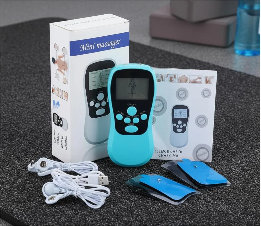 electroestimulador muscular portátil con 4 electrodos azul para alivio de dolor