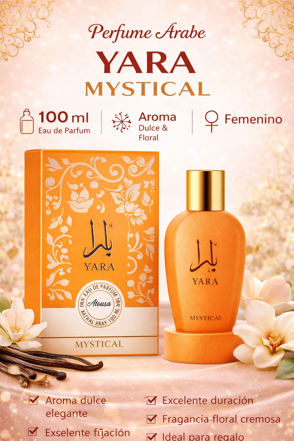 Perfume árabe Yara Mystical Eau de Parfum 100 ml caja naranja Mystical