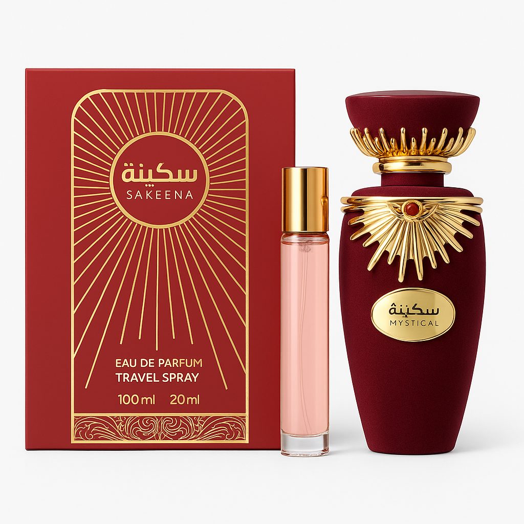 Perfume Árabe Sakeena Mystical Eau de Parfum 100 ml con travel spray 20 ml presentación de lujo