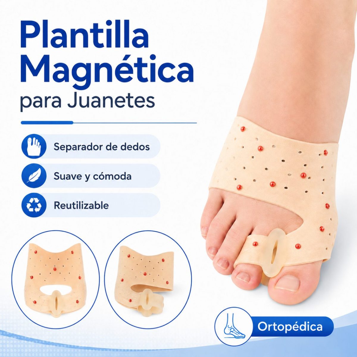 Plantilla magnética correctora para juanetes con separador de dedos