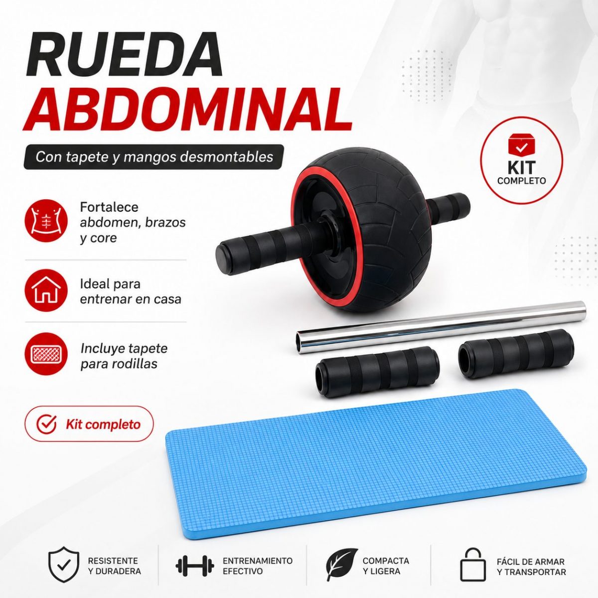 Rueda abdominal con tapete para rodillas y mangos desmontables
