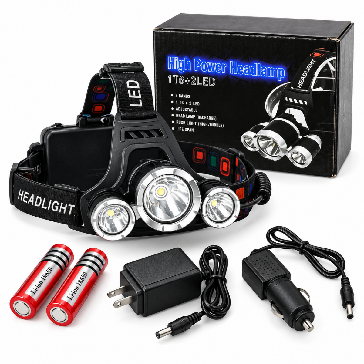 Linterna frontal LED recargable de 3 luces con baterías y cargadores para camping.