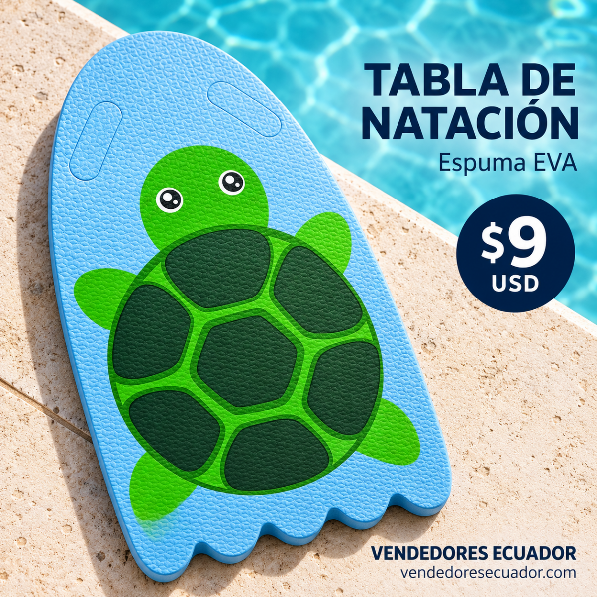 Tabla de natación para niños EVA celeste con tortuga verde de 25 × 41 cm
